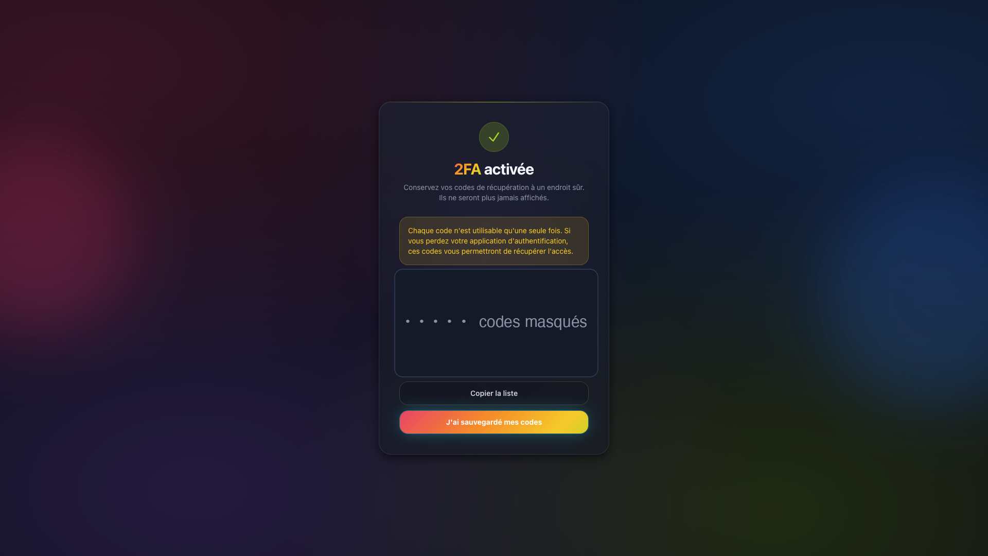 Vos codes de secours (à conserver !)